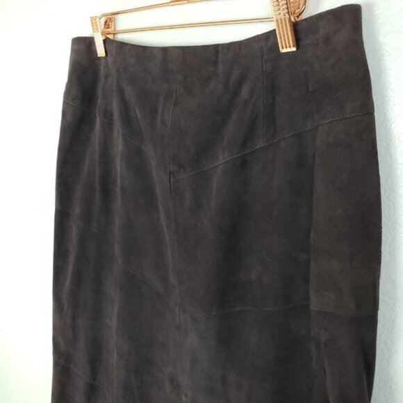Vintage WORTH 100% Leather Suede Midi Skirt size 14 Patchwork Minimalist Y2K - Picture 8 of 11